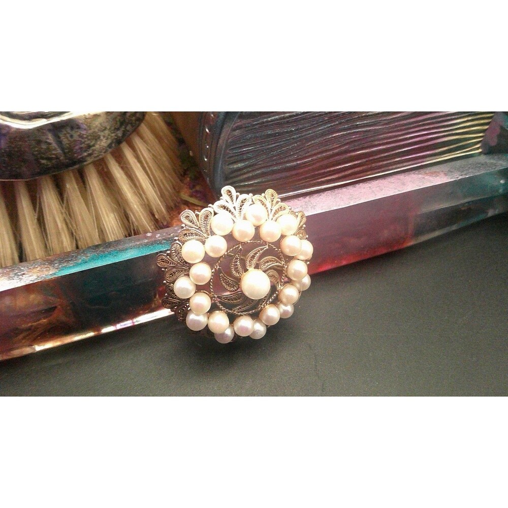 Antique Franz Fischer Deco Vermeil Sterling Genuine Pearl Brooch